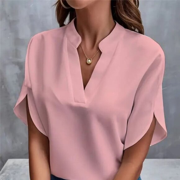 Tops - Casual Solid Color V-Neck Short Sleeve T-Shirt Ladies Large